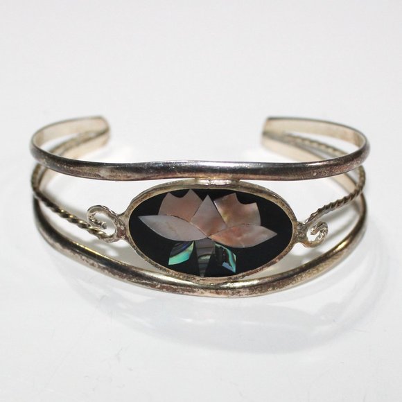 Vintage Inlaid Mosaic Alpaca Cuff Bracelet